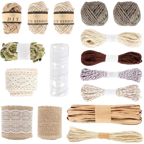 Jubaopen 16 Stück Juteband Spitze Schnur Set Sackleinen Spitzenband Natürliche Sackleinen Jute Band Rolle DIY Garten Kordel Geschenkband zum Basteln Bastelschnur für Handwerk Hochzeit DIY Basteln von Jubaopen