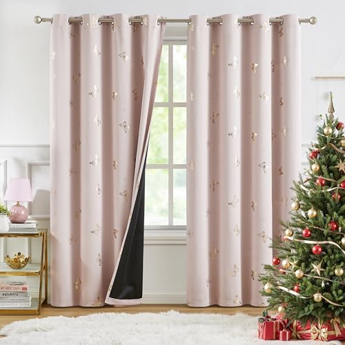 Jubilantex Verdunkelungsvorhänge mit Schmetterlingen, wärmeisoliert, mit Ösen, für Schlafzimmer, Mädchenzimmer, 132 x 240 cm, Rosa / Gold, 2 Paneele von Jubilantex