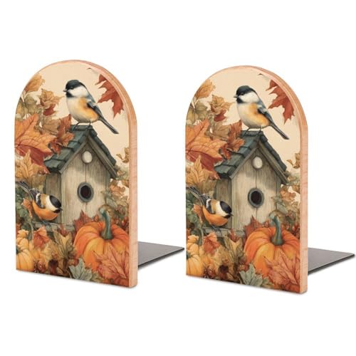 Buchstützen aus Holz, Motiv: zwei Vögel auf altem Vogelhaus, Kürbis, 2 Stück, stabile Buchhalter, Schreibtisch-Organizer für Zuhause, Büro, Bibliotheken von Jubonexis