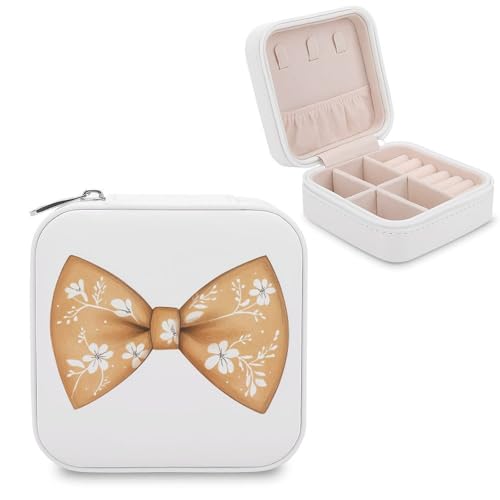 Jubonexis Braune Fliege mit weißem Blumenmuster, kleine Schmuckschatulle, Schmuck-Organizer, tragbar, PU-Leder, Mini-Reise-Schmuckschatulle von Jubonexis