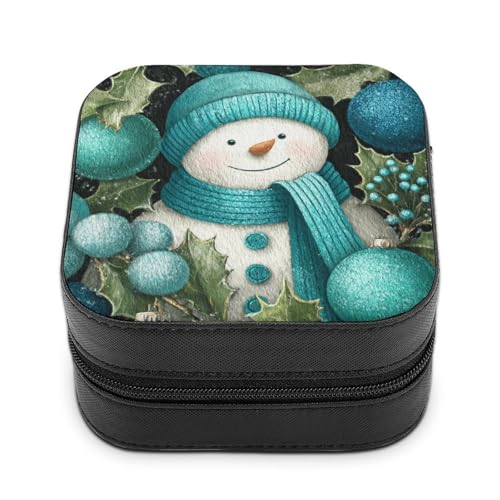 Jubonexis Kleine Schmuckschatulle, niedlicher Schneemann, Stechpalmenblätter, türkis, tragbar, PU-Leder, Mini-Display, Aufbewahrungsboxen, Reise-Schmucketui für Damen von Jubonexis