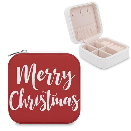 Jubonexis Kleine Schmuckschatulle mit Aufschrift "Merry Christmas" auf rotem Design, tragbar, PU-Leder, Mini-Reise-Schmuckkästchen von Jubonexis