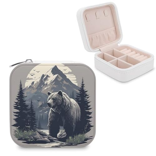 Jubonexis Kleine Schmuckschatulle mit Bärenbäumen und Bergen, tragbar, PU-Leder, Mini-Reise-Schmuckschatulle von Jubonexis