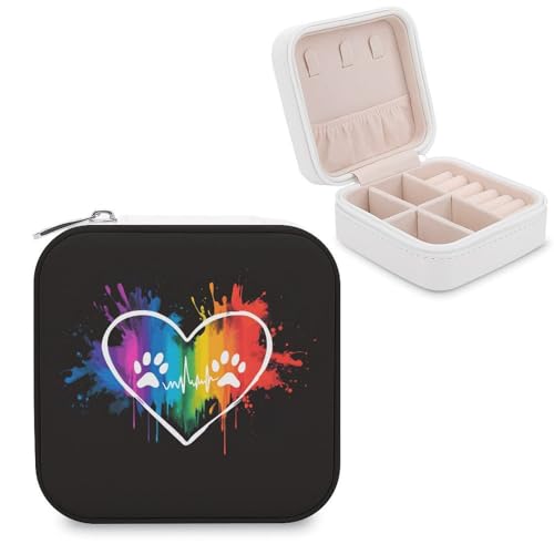 Jubonexis Kleine Schmuckschatulle mit Herzmotiv und Regenbogen-Hundefüßen, tragbar, PU-Leder, Mini-Reise-Schmuckschatulle Jubonexis Kleine Schmuckschatulle mit Herzmotiv und Regenbogen-Hundefüßen, tragbar, PU-Leder, Mini-Reise-Schmuckschatulle von Jubonexis