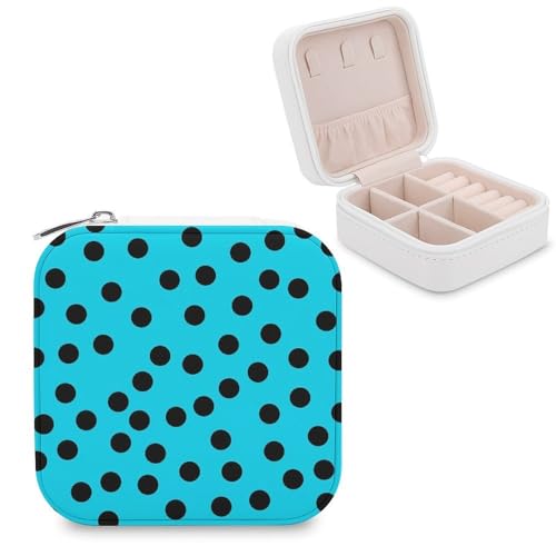 Jubonexis Kleine Schmuckschatulle mit Punktemuster, tragbar, PU-Leder, Mini-Reise-Schmuckkästchen, Cyan, Schwarz von Jubonexis