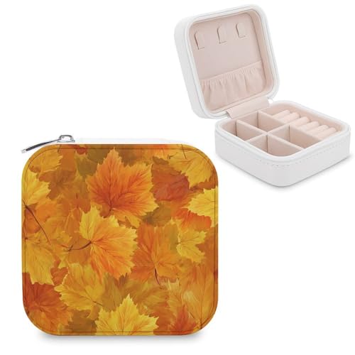 Jubonexis Kleine Schmuckschatulle mit gelbem Herbst-Ahornblätter, tragbarer Mini-Reise-Schmuckkästchen aus PU-Leder von Jubonexis