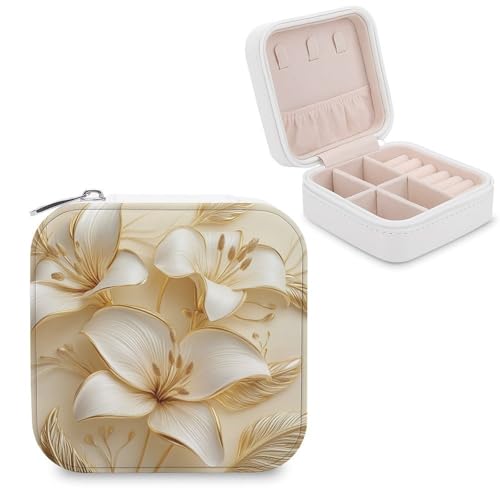Jubonexis Kleine Schmuckschatulle mit goldenen Blumen und Lilien, tragbar, PU-Leder, Mini-Reise-Schmuckschatulle Jubonexis Kleine Schmuckschatulle mit goldenen Blumen und Lilien, tragbar, PU-Leder, Mini-Reise-Schmuckschatulle von Jubonexis