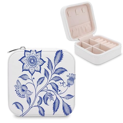Jubonexis Kleine Schmuckschatulle mit indischer Blume, tragbar, PU-Leder, Mini-Reise-Schmuckkästchen, Blau und Weiß von Jubonexis