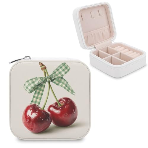 Jubonexis Kleine Schmuckschatulle mit zwei Kirschen mit grün-weißem Karo, Schleife, Schmuck-Organizer, tragbar, PU-Leder, Mini-Reise-Schmuckschatulle von Jubonexis