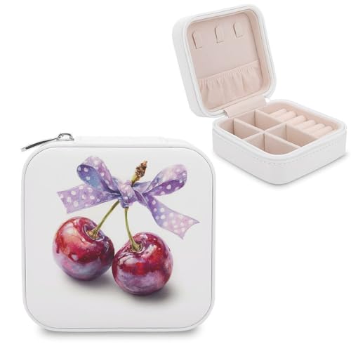 Jubonexis Kleine Schmuckschatulle mit zwei Kirschen mit violetter Schleife, Schmuck-Organizer, tragbar, PU-Leder, Mini-Reise-Schmuckschatulle von Jubonexis