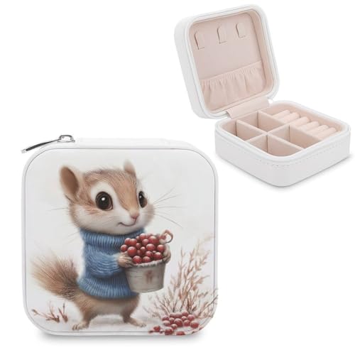 Jubonexis Niedliche kleine Schmuckschatulle mit Streifenhörnchen-Motiv, tragbar, PU-Leder, Mini-Reise-Schmuckkästchen von Jubonexis