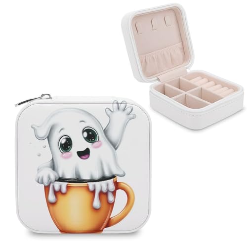 Jubonexis Niedlicher Geist in Kaffeetasse, kleine Schmuckschatulle, Schmuck-Organizer, tragbar, PU-Leder, Mini-Reise-Schmucketui von Jubonexis