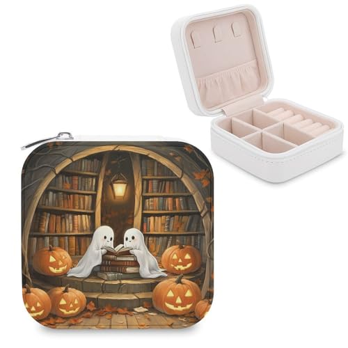 Jubonexis Runde Bibliothek Halloween Geister Kürbis kleine Schmuckschatulle Schmuck-Organizer tragbar PU-Leder Mini-Reise-Schmuckkoffer von Jubonexis