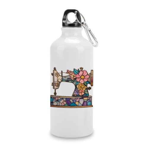 Jubonexis Wasserflasche aus Aluminium mit Buntglas-Nähmaschinen-Reise, Sportflasche mit Drehverschluss-Schnalle, für Männer und Frauen, Camping, Wandern, 600 ml von Jubonexis