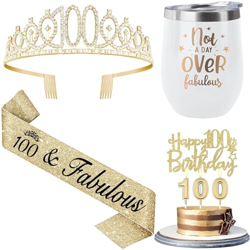 100th Birthday Party Decoration Gifts with 12oz Tumbler/Mug for Wine or Coffee, 100 Birthday Decorations Women Crown, Sash, Cake Topper and 100 Birthday Candles, 100th Birthday Ideas Gold/White von Juesly