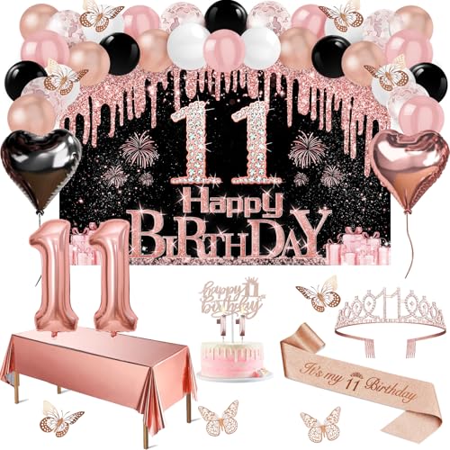 11 Geburtstag Dekorationen für Mädchen, 49pcs Schwarz Rose Gold Schwarz Banner Tischdecke Schmetterling Dekor 11 Geburtstag Schärpe und Tiara Kuchen Topper Kerzen Luftballons Bogen 11 Geburtstag Dekorationen für Mädchen, 49pcs Schwarz Rose Gold Schwarz Banner Tischdecke Schmetterling Dekor 11 Geburtstag Schärpe und Tiara Kuchen Topper Kerzen Luftballons Bogen von Juesly
