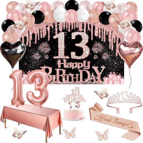 13 Geburtstag Dekorationen für Mädchen, 49pcs Schwarz Rose Gold Schwarz Banner Tischdecke Schmetterling Dekor 13 Geburtstag Schärpe und Tiara Kuchen Topper Kerzen Luftballons Bogen 13 Geburtstag Dekorationen für Mädchen, 49pcs Schwarz Rose Gold Schwarz Banner Tischdecke Schmetterling Dekor 13 Geburtstag Schärpe und Tiara Kuchen Topper Kerzen Luftballons Bogen von Juesly