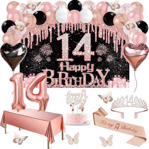 14 Geburtstag Dekorationen für Mädchen, 49pcs Schwarz Rose Gold Schwarz Banner Tischdecke Schmetterling Dekor 14 Geburtstag Schärpe und Tiara Kuchen Topper Kerzen Luftballons Bogen von Juesly