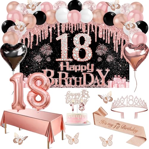 18 Geburtstag Dekorationen für Mädchen, 49pcs Schwarz Rose Gold Schwarz Banner Tischdecke Schmetterling Dekor 18 Geburtstag Schärpe und Tiara Kuchen Topper Kerzen Luftballons Bogen 18 Geburtstag Dekorationen für Mädchen, 49pcs Schwarz Rose Gold Schwarz Banner Tischdecke Schmetterling Dekor 18 Geburtstag Schärpe und Tiara Kuchen Topper Kerzen Luftballons Bogen von Juesly
