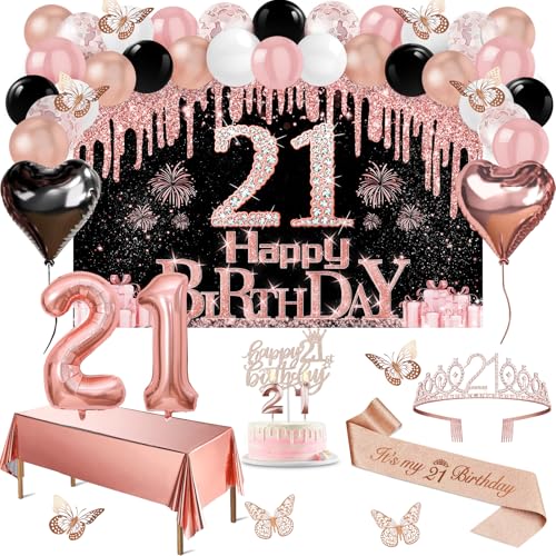 21 Geburtstag Dekorationen für Sie, 49pcs Schwarz Rose Gold Schwarz Banner Tischdecke Schmetterling Dekor 21. Geburtstag Schärpe und Tiara Kuchen Topper Kerzen Luftballons Bogen 21 Geburtstag Dekorationen für Sie, 49pcs Schwarz Rose Gold Schwarz Banner Tischdecke Schmetterling Dekor 21. Geburtstag Schärpe und Tiara Kuchen Topper Kerzen Luftballons Bogen von Juesly