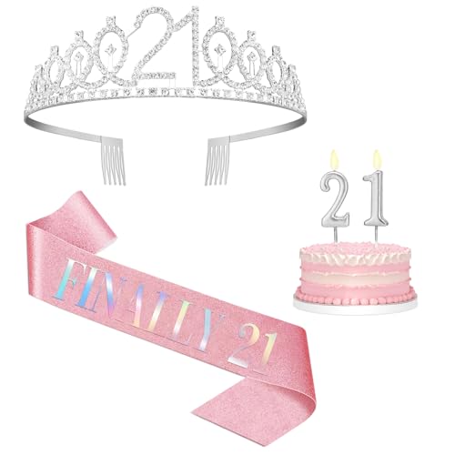 21 Geburtstag Dekorationen für Sie mit Rosa 21 Geburtstag Schärpe und 21 Krone Silber, Kerzen Silber, Geschenke für 21 Jahre alte Mädchen von Juesly