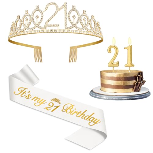 21 Geburtstag Dekorationen für Sie mit Schärpe 21 Geburtstag Weiß und Tiara Gold, 21 Kerzen Gold, 21 Geburtstag Geschenke für Sie 21 Geburtstag Dekorationen für Sie mit Schärpe 21 Geburtstag Weiß und Tiara Gold, 21 Kerzen Gold, 21 Geburtstag Geschenke für Sie von Juesly