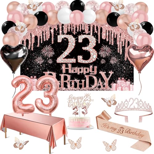 23. Geburtstag Dekorationen für sie, 49pcs Schwarz Rose Gold Schwarz Banner Tischdecke Schmetterling Dekor 23. Geburtstag Schärpe und Tiara Kuchen Topper Kerzen Luftballons Bogen von Juesly
