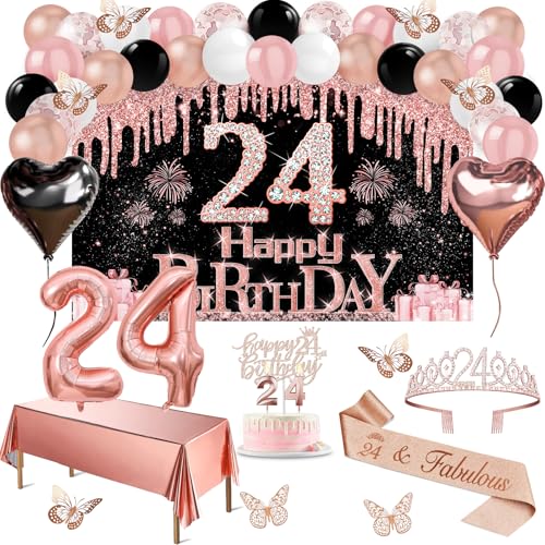 24 Geburtstag Dekorationen für Frauen, 49pcs Schwarz Rose Gold Schwarz Banner Tischdecke Schmetterling Dekor 24 Geburtstag Schärpe und Tiara Kuchen Topper Kerzen Luftballons Bogen von Juesly