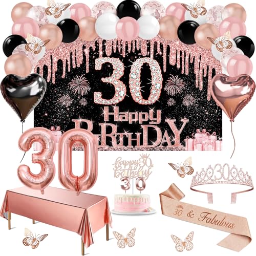 30 Geburtstag Dekorationen für Sie, 49pcs Schwarz Rose Gold Schwarz Happy 30th Birthday Banner Tischdecke Schmetterling Dekor Schärpe und Tiara Kuchen Topper Kerzen Luftballons Bogen von Juesly