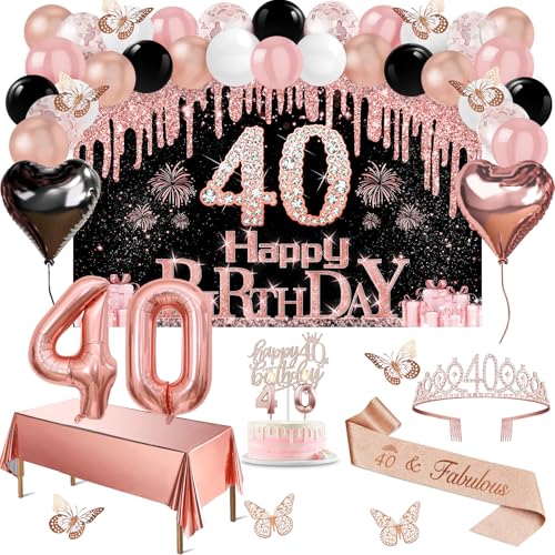 40 Geburtstag Dekorationen Frauen, 49pcs Schwarz Rose Gold Schwarz Happy 40th Birthday Banner, Tischdecke, Schmetterling Dekor, Schärpe und Diadem, Kuchen Topper, Kerzen, Luftballons Bogen 40 Geburtstag Dekorationen Frauen, 49pcs Schwarz Rose Gold Schwarz Happy 40th Birthday Banner, Tischdecke, Schmetterling Dekor, Schärpe und Diadem, Kuchen Topper, Kerzen, Luftballons Bogen von Juesly