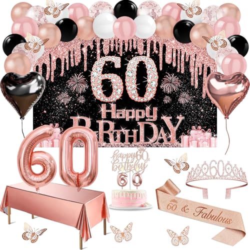 60 Geburtstag Dekorationen für Frauen, 49pcs Schwarz Rose Gold Schwarz Happy 60th Birthday Banner, Tischdecke, Schmetterling Dekor, Schärpe und Diadem, Kuchen Topper, Kerzen, Luftballons Bogen von Juesly