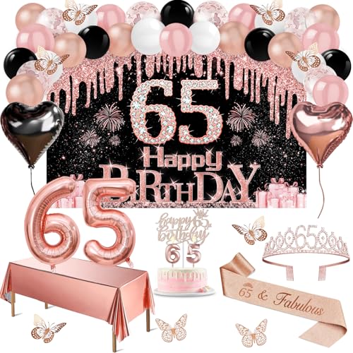 65 Geburtstag Dekorationen für Frauen, 49pcs Schwarz Rose Gold Schwarz Happy 65th Birthday Banner, Tischdecke, Schmetterling Dekor, Schärpe und Diadem, Kuchen Topper, Kerzen, Luftballons Bogen 65 Geburtstag Dekorationen für Frauen, 49pcs Schwarz Rose Gold Schwarz Happy 65th Birthday Banner, Tischdecke, Schmetterling Dekor, Schärpe und Diadem, Kuchen Topper, Kerzen, Luftballons Bogen von Juesly