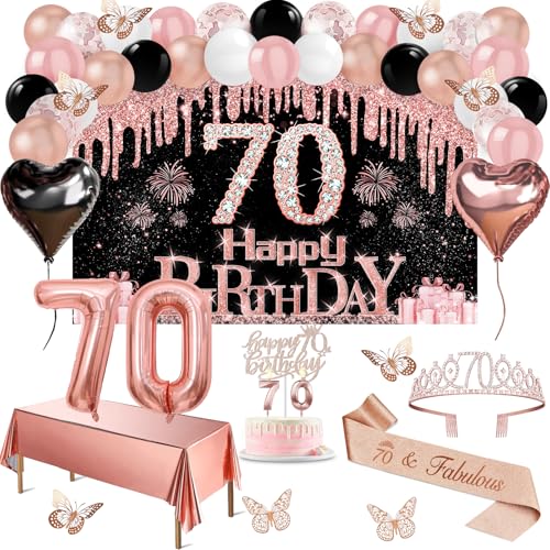 70 Geburtstag Dekorationen für Frauen, 49pcs Schwarz Rose Gold Schwarz Happy 70th Birthday Banner, Tischdecke, Schmetterling Dekor, Schärpe und Diadem, Kuchen Topper, Kerzen, Luftballons Bogen 70 Geburtstag Dekorationen für Frauen, 49pcs Schwarz Rose Gold Schwarz Happy 70th Birthday Banner, Tischdecke, Schmetterling Dekor, Schärpe und Diadem, Kuchen Topper, Kerzen, Luftballons Bogen von Juesly