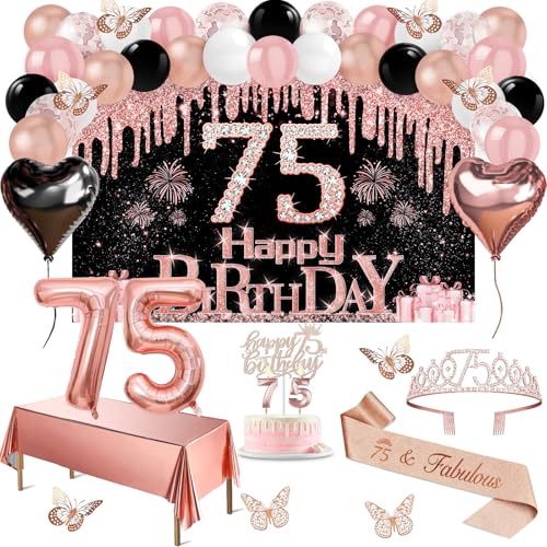 75 Geburtstag Dekorationen für Frauen, 49pcs Schwarz Rose Gold Schwarz Happy 75th Birthday Banner, Tischdecke, Schmetterling Dekor, Schärpe und Diadem, Kuchen Topper, Kerzen, Luftballons Bogen 75 Geburtstag Dekorationen für Frauen, 49pcs Schwarz Rose Gold Schwarz Happy 75th Birthday Banner, Tischdecke, Schmetterling Dekor, Schärpe und Diadem, Kuchen Topper, Kerzen, Luftballons Bogen von Juesly