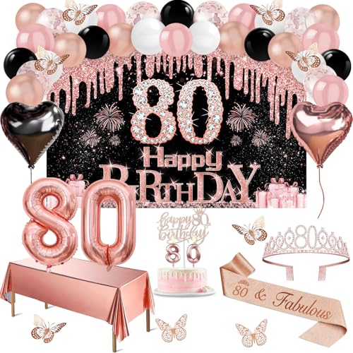 80 Geburtstag Dekorationen für Frauen, 49pcs Schwarz Rose Gold Schwarz Happy 80th Birthday Banner, Tischdecke, Schmetterling Dekor, Schärpe und Diadem, Kuchen Topper, Kerzen, Luftballons Bogen von Juesly