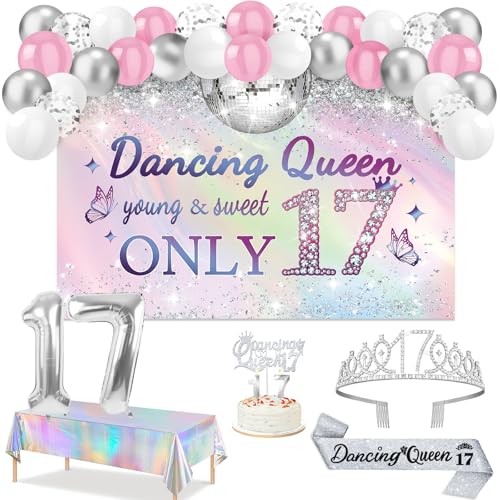 Dancing Queen Party Dekorationen 17, Silber Dazzle Dancing Queen Banner und Tischdecke, Silber Schärpe und Krone, 17. Geburtstag Kuchen Topper und Kerzen, Sweet 17 Birthday Ballon Set Bogen Dancing Queen Party Dekorationen 17, Silber Dazzle Dancing Queen Banner und Tischdecke, Silber Schärpe und Krone, 17. Geburtstag Kuchen Topper und Kerzen, Sweet 17 Birthday Ballon Set Bogen von Juesly