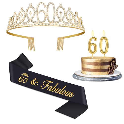 Dekoration zum 60. Geburtstag für Frauen mit Krone, Schärpe, Zahlenkerzen für Damen zum 60. Geburtstag Dekoration zum 60. Geburtstag für Frauen mit Krone, Schärpe, Zahlenkerzen für Damen zum 60. Geburtstag von Juesly