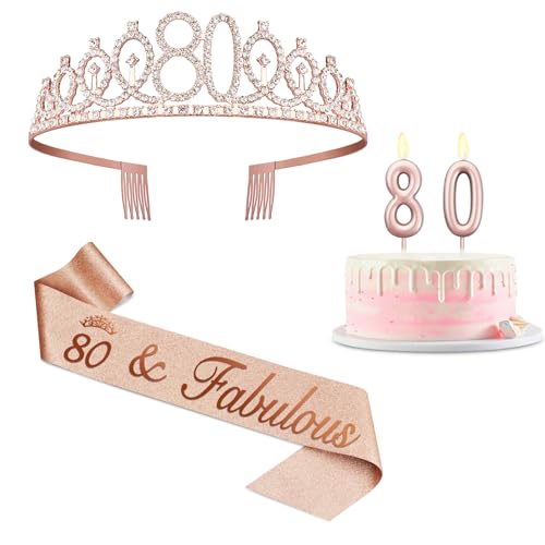 Dekoration zum 80. Geburtstag für Frauen mit rotgoldener Schärpe, Tiara, Zahlen, Kerzen, aufrichtiges Geschenk zum 80. Geburtstag für Frauen Dekoration zum 80. Geburtstag für Frauen mit rotgoldener Schärpe, Tiara, Zahlen, Kerzen, aufrichtiges Geschenk zum 80. Geburtstag für Frauen von Juesly