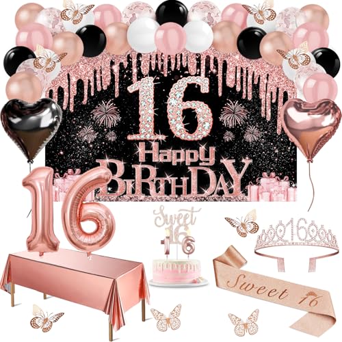 Sweet 16 Party Dekorationen, 49pcs Schwarz Rose Gold Schwarz Banner Tischdecke Schmetterling Dekor Süße 16 Schärpe und Tiara Kuchen Topper Kerzen Luftballons Bogen Sweet 16 Party Dekorationen, 49pcs Schwarz Rose Gold Schwarz Banner Tischdecke Schmetterling Dekor Süße 16 Schärpe und Tiara Kuchen Topper Kerzen Luftballons Bogen von Juesly