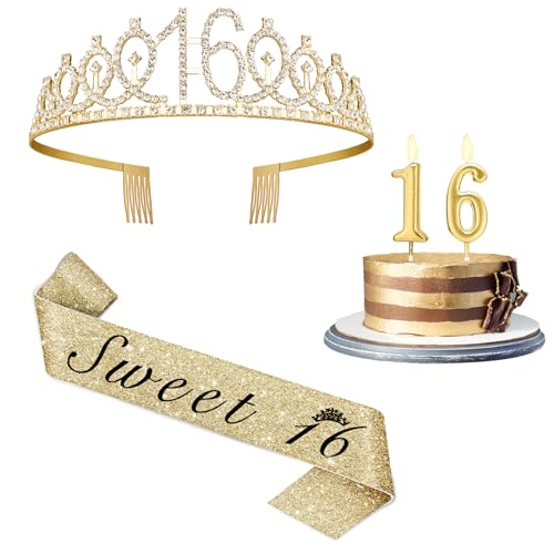 Sweet 16 Party Dekorationen für Mädchen mit Sweet 16 Schärpe Gold, Strass 16 Geburtstag Tiara, 16 Kerzen Gold, 16 Geburtstag Geschenke für Mädchen von Juesly