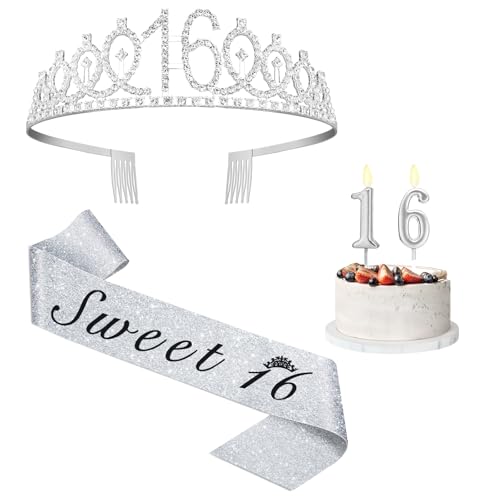 Sweet 16 Party Dekorationen für Mädchen mit Sweet 16 Schärpe Silber, Strass 16 Geburtstag Tiara, 16 Kerzen Silber, 16 Geburtstag Geschenke für Mädchen Sweet 16 Party Dekorationen für Mädchen mit Sweet 16 Schärpe Silber, Strass 16 Geburtstag Tiara, 16 Kerzen Silber, 16 Geburtstag Geschenke für Mädchen von Juesly