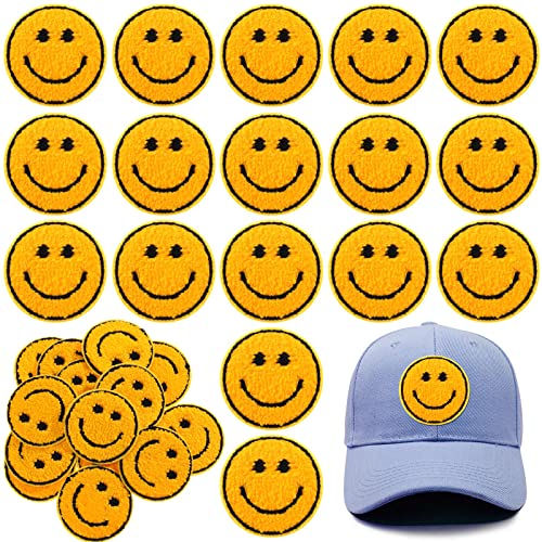 24 Stück Gelbes Smiley-Gesicht, Aufnäher zum Aufnähen oder Aufbügeln, dekoratives Kleid, Handtuch, Stoff, fröhliches Gesicht, Kleidung, Nähen, Dekorieren, DIY, Applikation, Aufnäher für Dekoration von Juexica