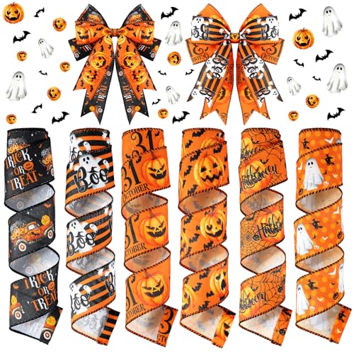 Juexica 6 Rollen 30 Meter Halloween Drahtkante Bänder Fledermaus Spinnennetz bedrucktes Band Kürbis Bänder Halloween dekoratives Geisterband für Halloween Zuhause Kranz DIY Handwerk Blumen Schleife von Juexica