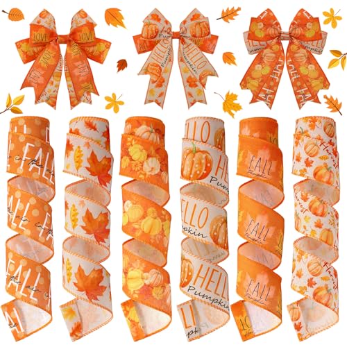 Juexica 6 Rollen 30 Meter Herbst Draht Rand Band DIY Kürbis Ahornblatt Band Handwerk Orange Stoffbänder für Thanksgiving Rustikale Herbsternte Geschenkverpackung Schleifen Party Dekoration von Juexica
