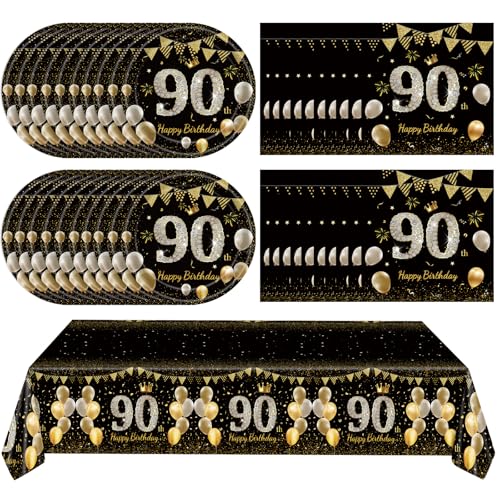 Juhap 41 Stück 90. Geburtstag Dekorationen für Männer und Frauen, Schwarz Gold 90 Jahre alt Geburtstag Party Supplies beinhaltet 20 Teller, 20 Servietten und 1 Tischdecke, Schwarz Gold 90 Jahre Geburt von Juhap