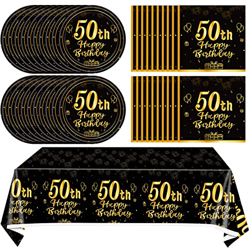 Juhap Party-Dekorationen zum 50. Geburtstag für Männer und Frauen, Schwarz / Gold, Happy 50th Birthday Supplies mit 20 Tellern, 20 Servietten und 1 Tischdecke, 50 Jahre altes Party-Einweggeschirr-Set Juhap Party-Dekorationen zum 50. Geburtstag für Männer und Frauen, Schwarz / Gold, Happy 50th Birthday Supplies mit 20 Tellern, 20 Servietten und 1 Tischdecke, 50 Jahre altes Party-Einweggeschirr-Set von Juhap
