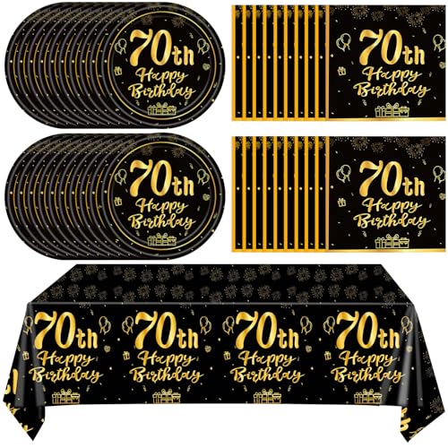 Juhap Party-Dekorationen zum 70. Geburtstag für Männer und Frauen, Schwarz / Gold, Happy 70th Birthday Supplies mit 20 Tellern, 20 Servietten und 1 Tischdecke, 70 Jahre altes Party-Einweggeschirr-Set Juhap Party-Dekorationen zum 70. Geburtstag für Männer und Frauen, Schwarz / Gold, Happy 70th Birthday Supplies mit 20 Tellern, 20 Servietten und 1 Tischdecke, 70 Jahre altes Party-Einweggeschirr-Set von Juhap