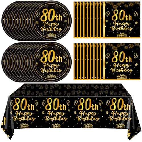 Juhap Party-Dekorationen zum 80. Geburtstag für Männer und Frauen, Schwarz / Gold, Happy 80th Birthday Supplies mit 20 Tellern, 20 Servietten und 1 Tischdecke, 80 Jahre altes Party-Einweggeschirr-Set Juhap Party-Dekorationen zum 80. Geburtstag für Männer und Frauen, Schwarz / Gold, Happy 80th Birthday Supplies mit 20 Tellern, 20 Servietten und 1 Tischdecke, 80 Jahre altes Party-Einweggeschirr-Set von Juhap