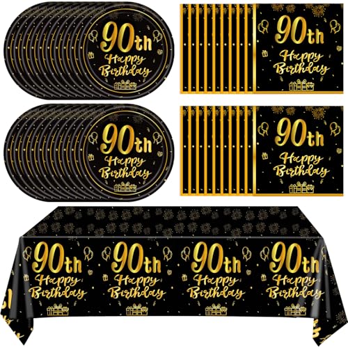 Juhap Party-Dekorationen zum 90. Geburtstag für Männer und Frauen, Schwarz / Gold, Happy 90th Birthday Supplies mit 20 Tellern, 20 Servietten und 1 Tischdecke, 90 Jahre altes Party-Einweggeschirr-Set Juhap Party-Dekorationen zum 90. Geburtstag für Männer und Frauen, Schwarz / Gold, Happy 90th Birthday Supplies mit 20 Tellern, 20 Servietten und 1 Tischdecke, 90 Jahre altes Party-Einweggeschirr-Set von Juhap