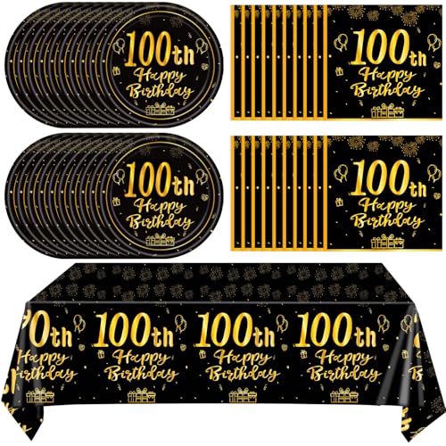 Party-Dekorationen zum 100. Geburtstag für Männer und Frauen, Schwarz / Gold, Happy 100th Birthday Supplies mit 20 Tellern, 20 Servietten und 1 Tischdecke, 100 Jahre altes Party-Einweggeschirr-Set für Party-Dekorationen zum 100. Geburtstag für Männer und Frauen, Schwarz / Gold, Happy 100th Birthday Supplies mit 20 Tellern, 20 Servietten und 1 Tischdecke, 100 Jahre altes Party-Einweggeschirr-Set für von Juhap
